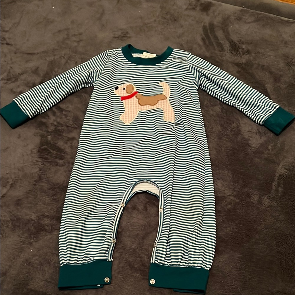 Embroidered Striped Dog Print Kids One Piece Romper